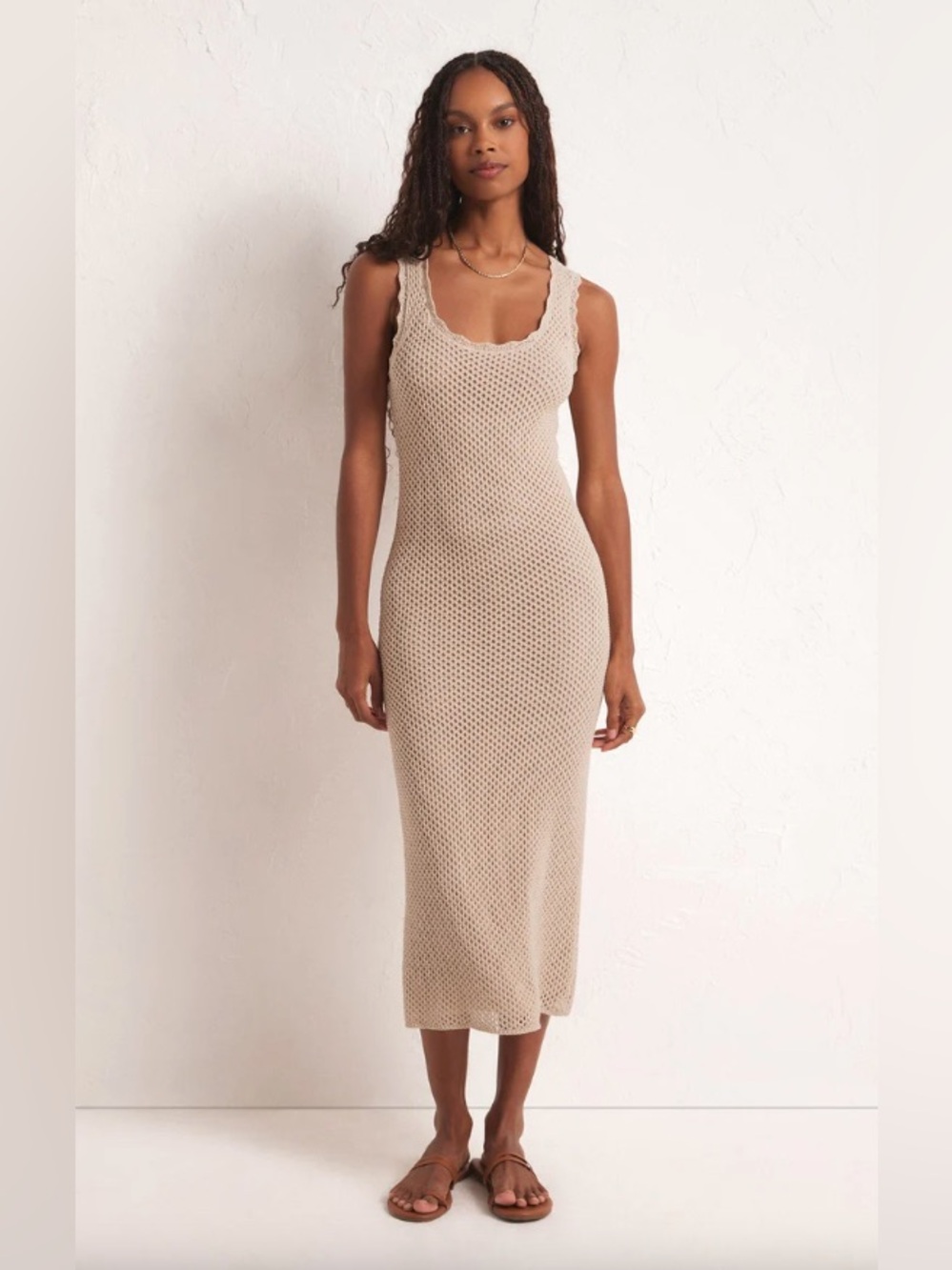 Z Supply Ibiza Dress Natural Cotton Crochet Scoop Neck Midi Summer Festival